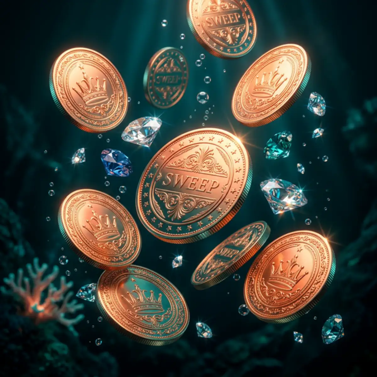 Sweep stake casino coins — luxury coral-gold virtual currency against ocean teal background